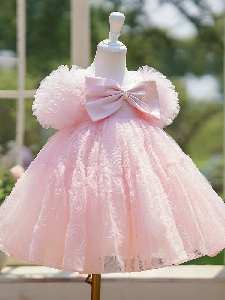 Princess Pink Tulle Back Zip Baptism Bow(s) Tea Length Short Sleeve Puff Sleeve Round Flower Girl Dress