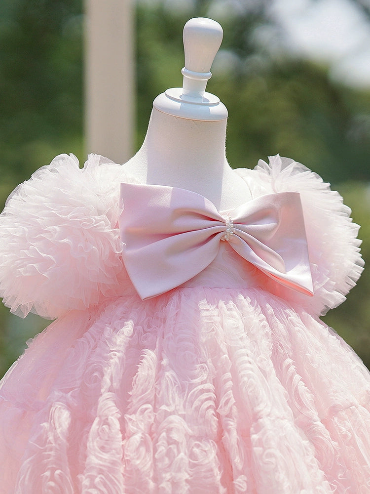 Princess Pink Tulle Back Zip Baptism Bow(s) Tea Length Short Sleeve Puff Sleeve Round Flower Girl Dress