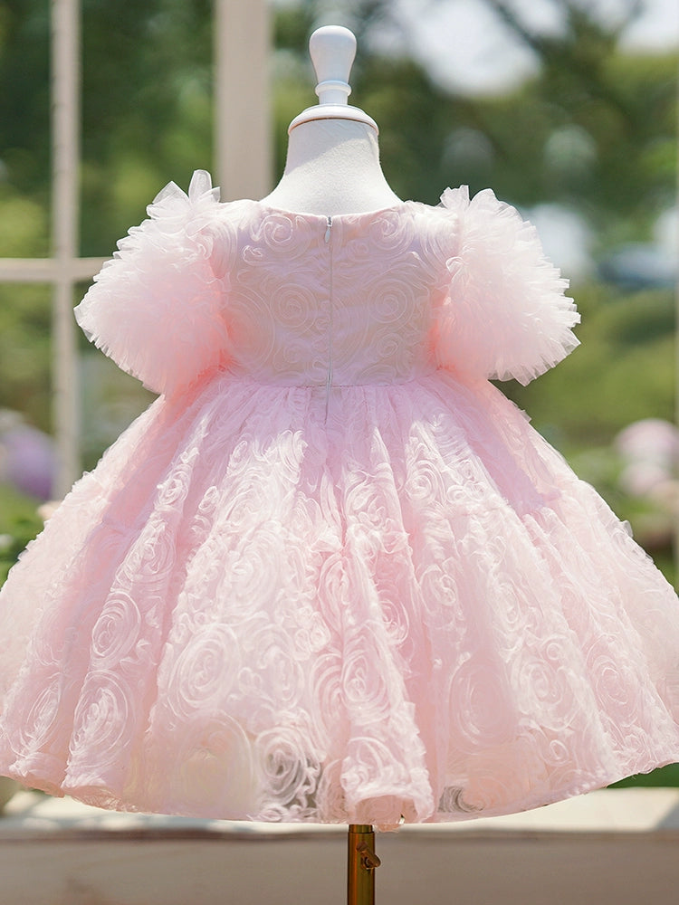 Princess Pink Tulle Back Zip Baptism Bow(s) Tea Length Short Sleeve Puff Sleeve Round Flower Girl Dress