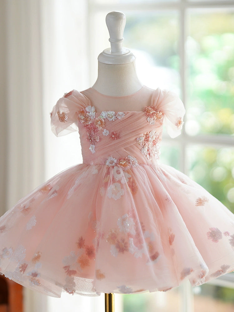 Princess Pink Tulle Back Zip Baptism Flower(s) Tea Length Short Sleeve Puff Sleeve Round Flower Girl Dress