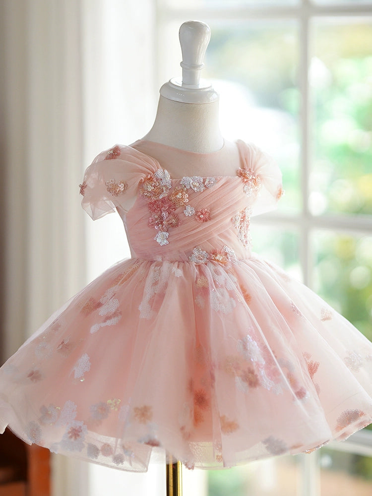 Princess Pink Tulle Back Zip Baptism Flower(s) Tea Length Short Sleeve Puff Sleeve Round Flower Girl Dress