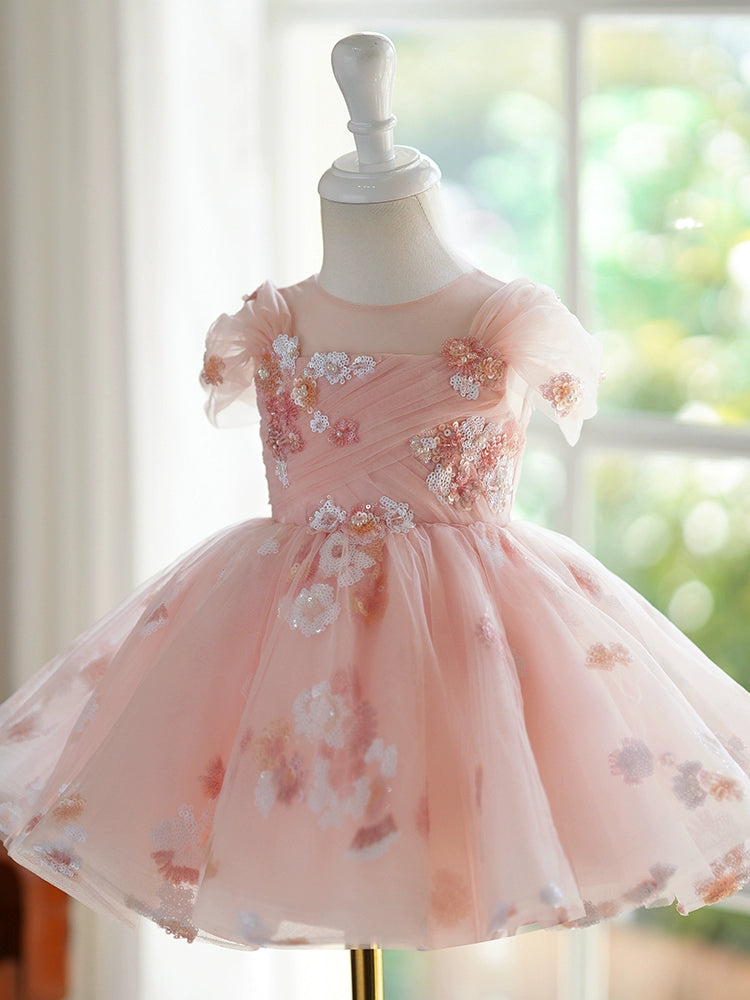 Princess Pink Tulle Back Zip Baptism Flower(s) Tea Length Short Sleeve Puff Sleeve Round Flower Girl Dress