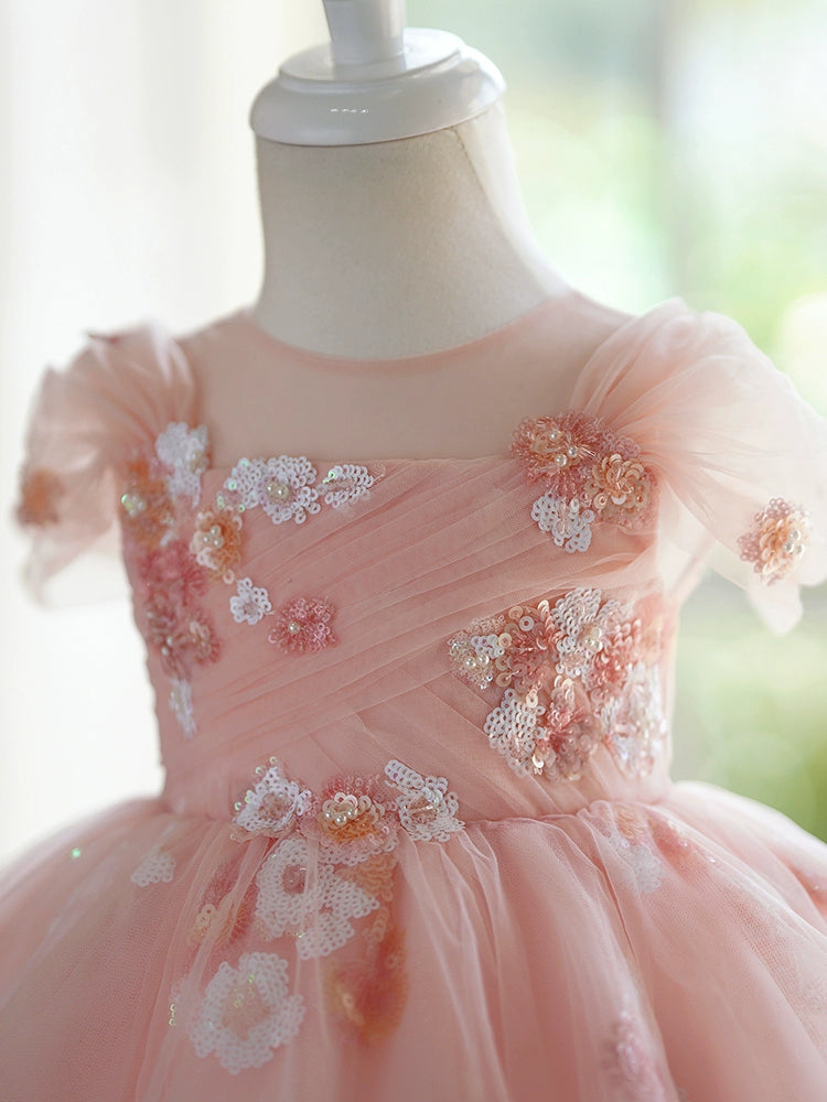 Princess Pink Tulle Back Zip Baptism Flower(s) Tea Length Short Sleeve Puff Sleeve Round Flower Girl Dress