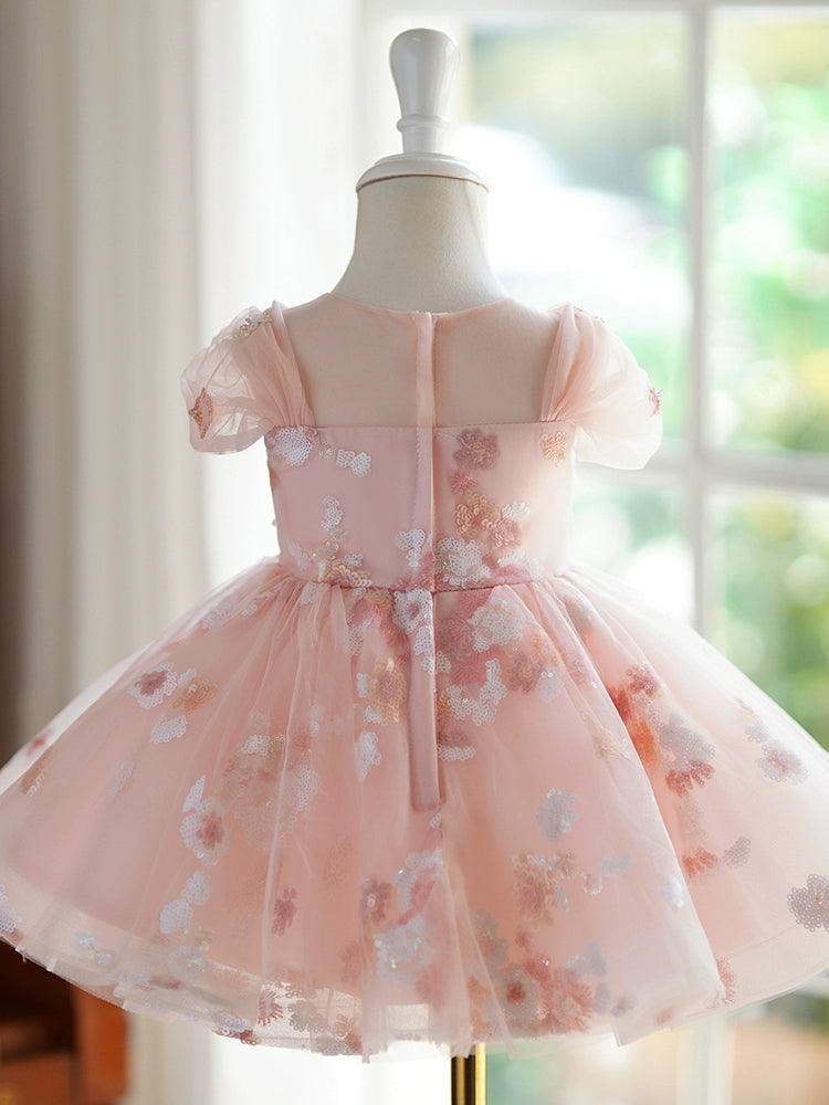 Princess Pink Tulle Back Zip Baptism Flower(s) Tea Length Short Sleeve Puff Sleeve Round Flower Girl Dress