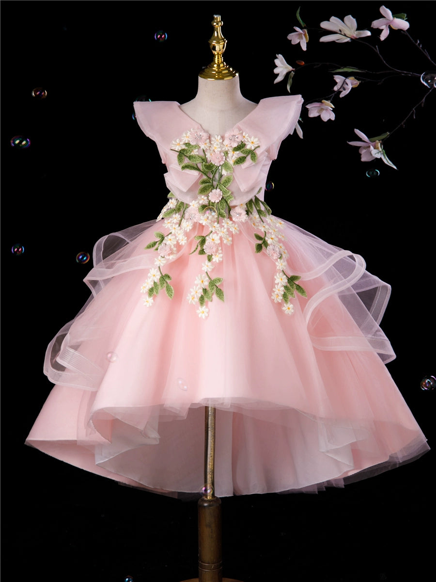 Princess Pink Tulle Back Zip Baptism Lace Tea Length Short Sleeve Cap Sleeve V-Neck Flower Girl Dress