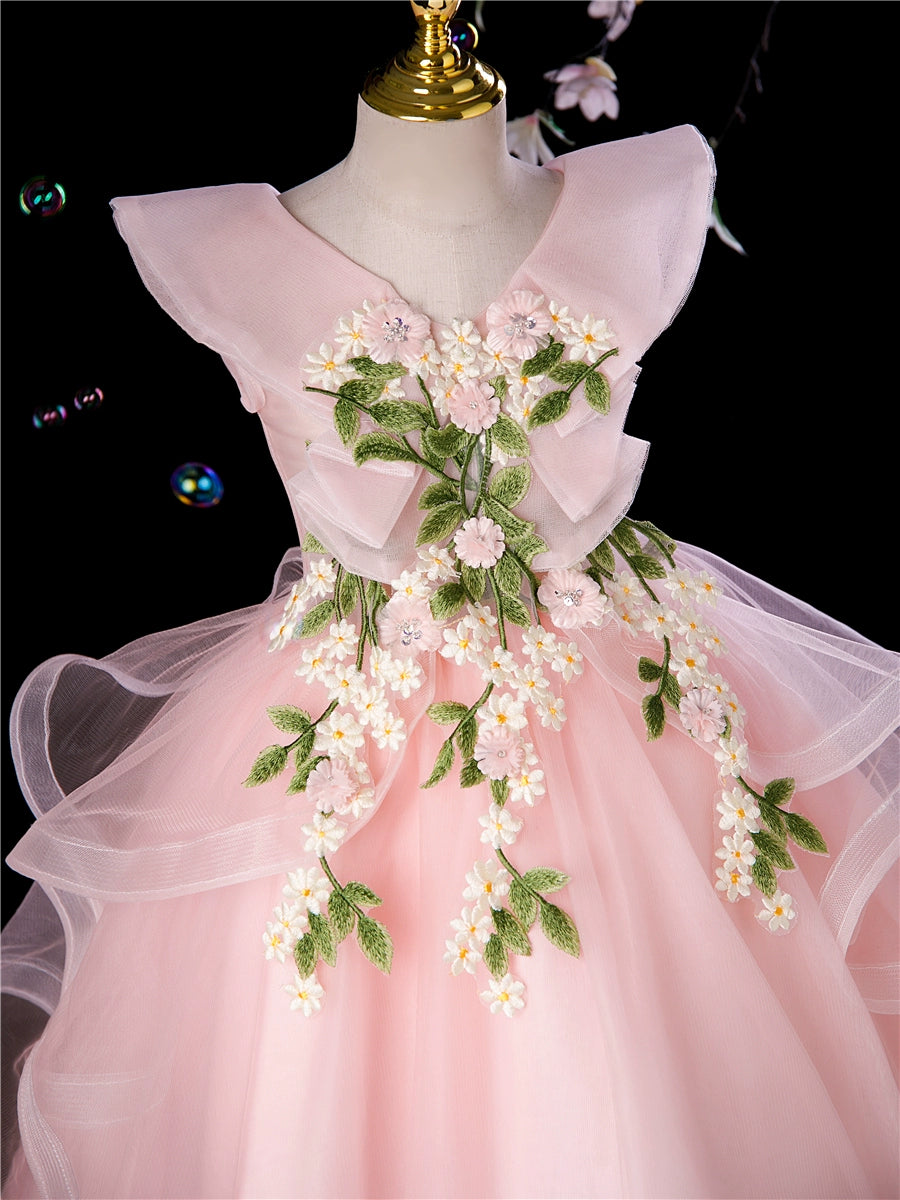 Princess Pink Tulle Back Zip Baptism Lace Tea Length Short Sleeve Cap Sleeve V-Neck Flower Girl Dress