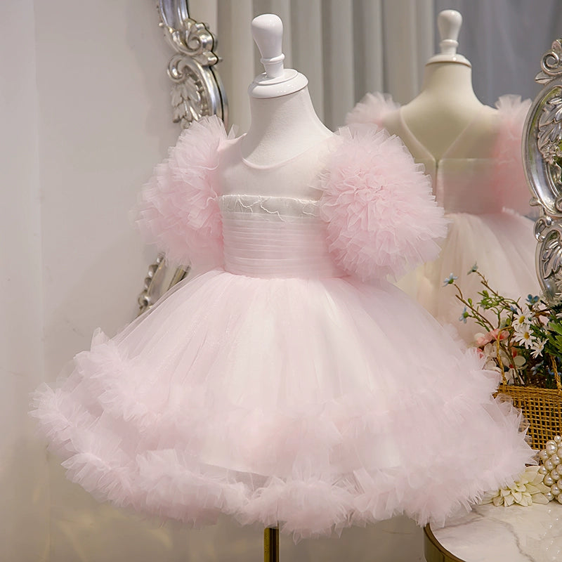 Princess Pink Tulle Back Zip Baptism Tea Length Short Sleeve Puff Sleeve Round Flower Girl Dress