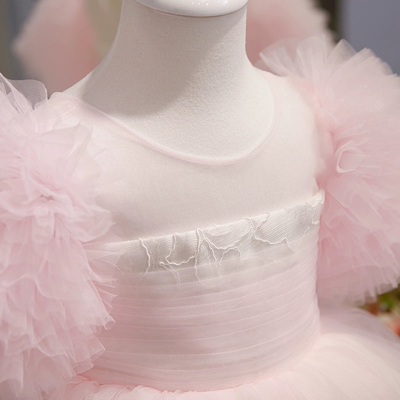 Princess Pink Tulle Back Zip Baptism Tea Length Short Sleeve Puff Sleeve Round Flower Girl Dress