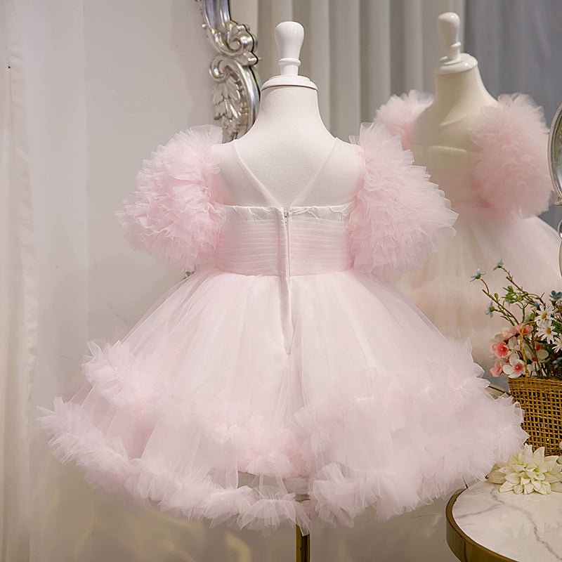Princess Pink Tulle Back Zip Baptism Tea Length Short Sleeve Puff Sleeve Round Flower Girl Dress