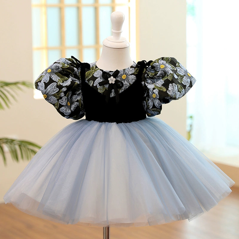 Princess Puffy Navy Blue Flower Girl Dress with Floral Print - Navy Blue / 11-12 Years (160cm) - Fleur Kids Princess Puffy Navy Blue Flower Girl Dress with Floral Print - Navy Blue / 11-12 Years (160cm) - Fleur Kids