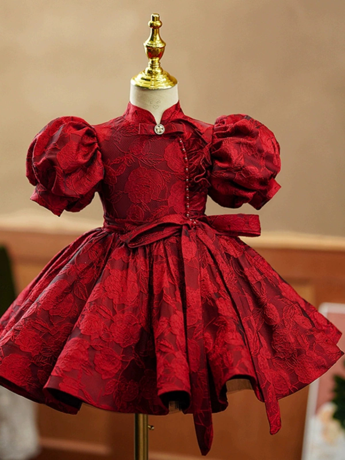 Burgundy Princess Puffy Satin Flower Girl Dress with Collar | Floral Print Ball Gown for Kids