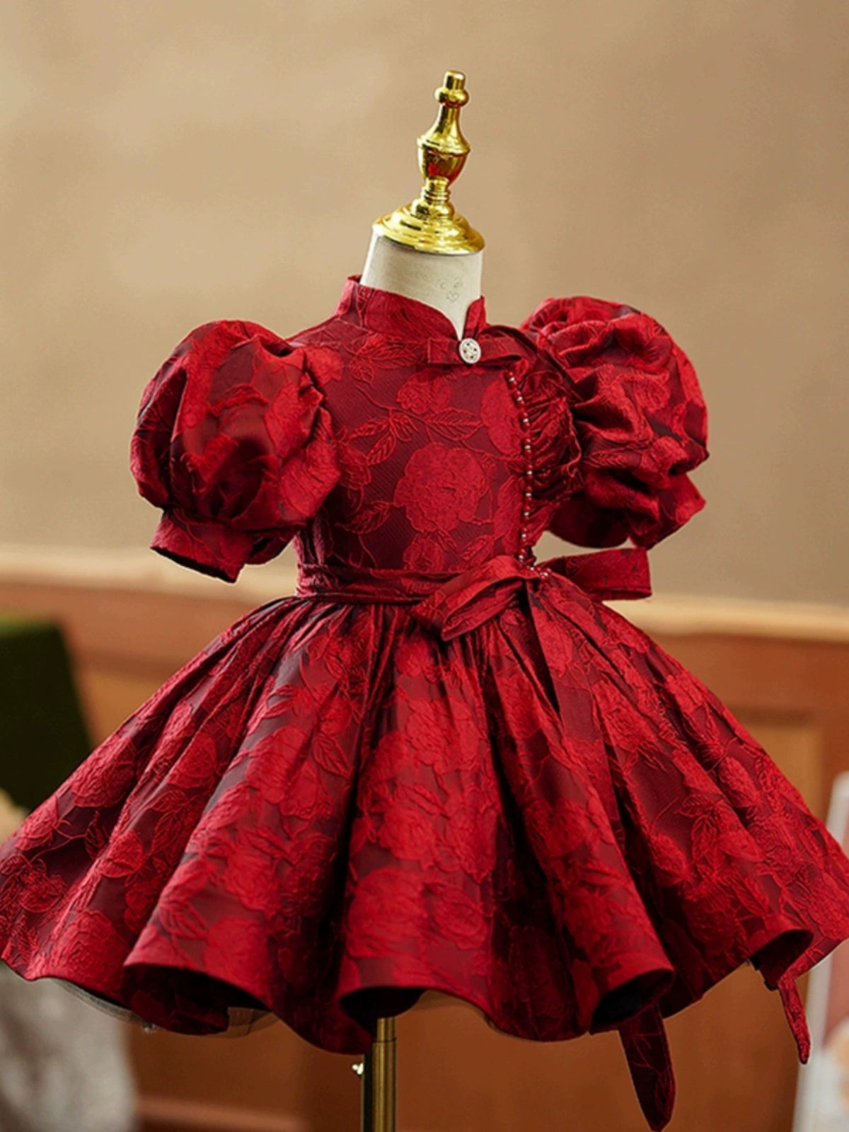Burgundy Princess Puffy Satin Flower Girl Dress with Collar | Floral Print Ball Gown for Kids