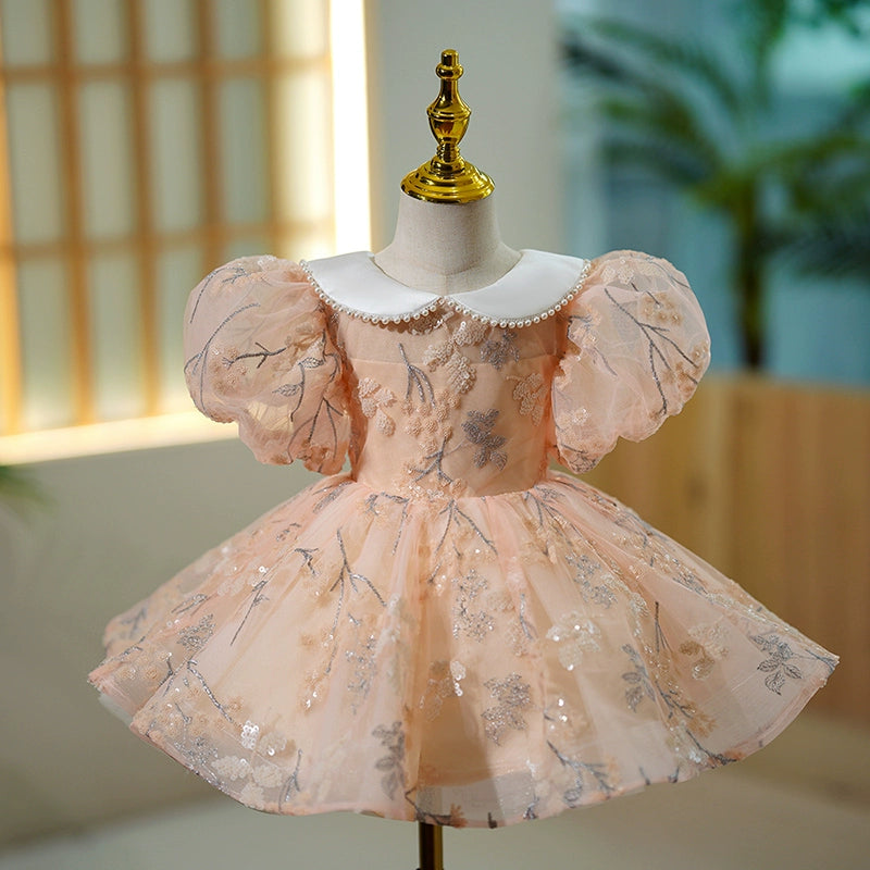 Pink Sequin Collar Ball Gown Dress for Girls | Princess Puffy Flower Girl Dress