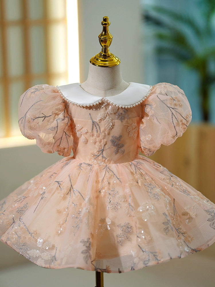Pink Sequin Collar Ball Gown Dress for Girls | Princess Puffy Flower Girl Dress