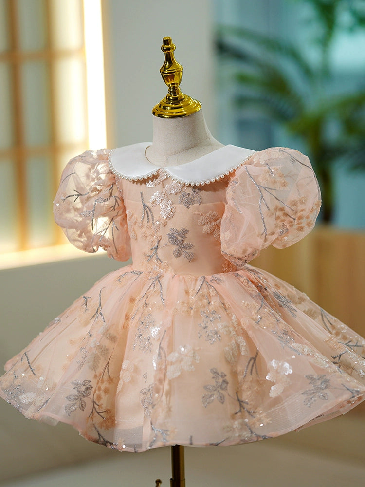 Pink Sequin Collar Ball Gown Dress for Girls | Princess Puffy Flower Girl Dress