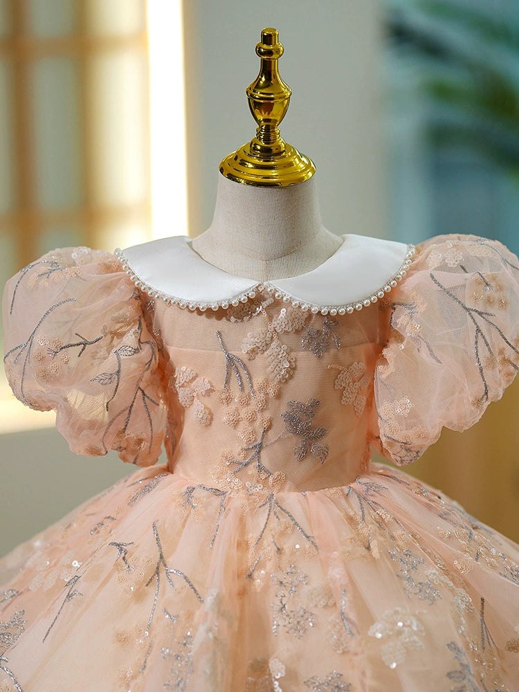 Pink Sequin Collar Ball Gown Dress for Girls | Princess Puffy Flower Girl Dress
