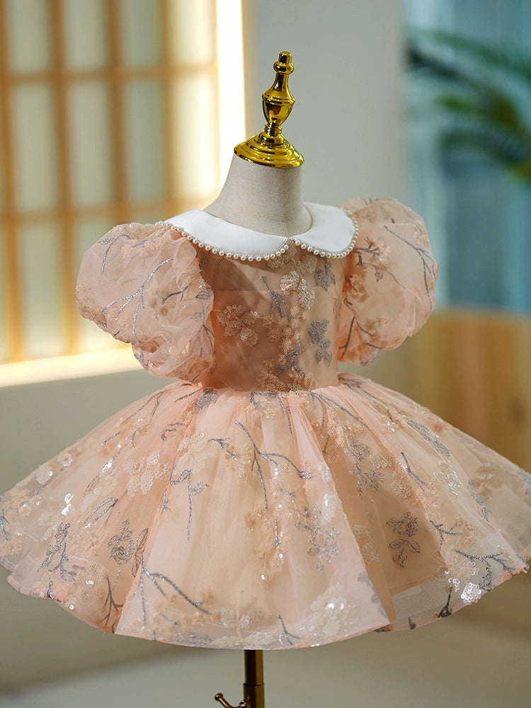 Pink Sequin Collar Ball Gown Dress for Girls | Princess Puffy Flower Girl Dress