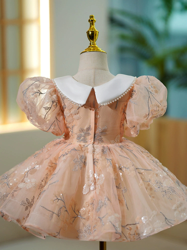 Pink Sequin Collar Ball Gown Dress for Girls | Princess Puffy Flower Girl Dress