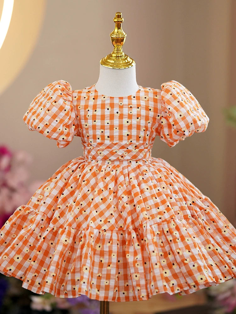 Princess Puffy Floral Tea Length Orange Dress for Girls | Party & Wedding Attire