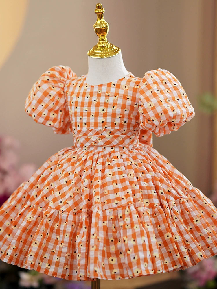Princess Puffy Floral Tea Length Orange Dress for Girls | Party & Wedding Attire