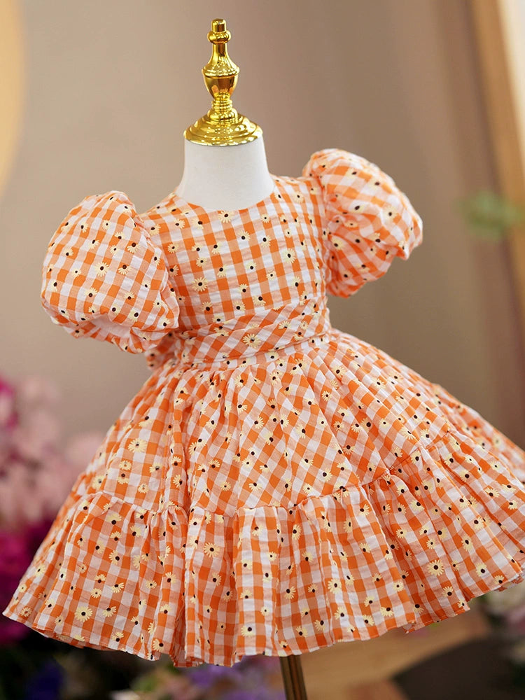 Princess Puffy Floral Tea Length Orange Dress for Girls | Party & Wedding Attire