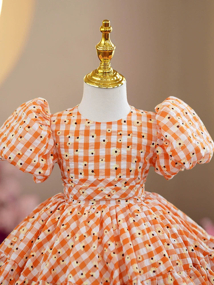 Princess Puffy Floral Tea Length Orange Dress for Girls | Party & Wedding Attire