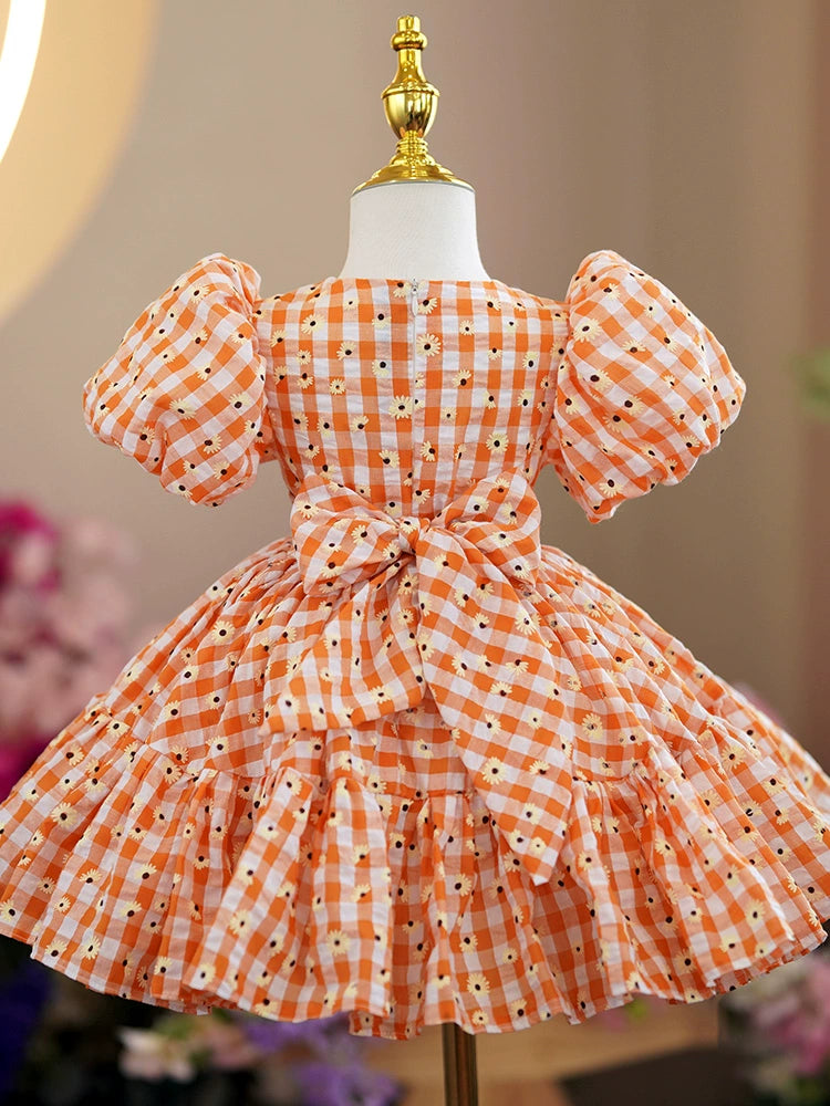 Princess Puffy Floral Tea Length Orange Dress for Girls | Party & Wedding Attire