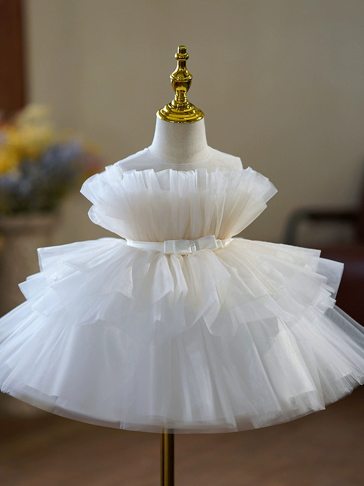 Princess Puffy Off-Shoulder White Tulle Flower Girl Dress | Ball Gown for Weddings & Parties