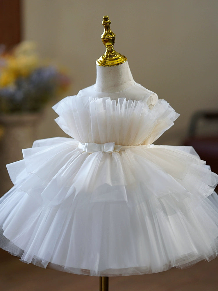 Princess Puffy Off-Shoulder White Tulle Flower Girl Dress | Ball Gown for Weddings & Parties