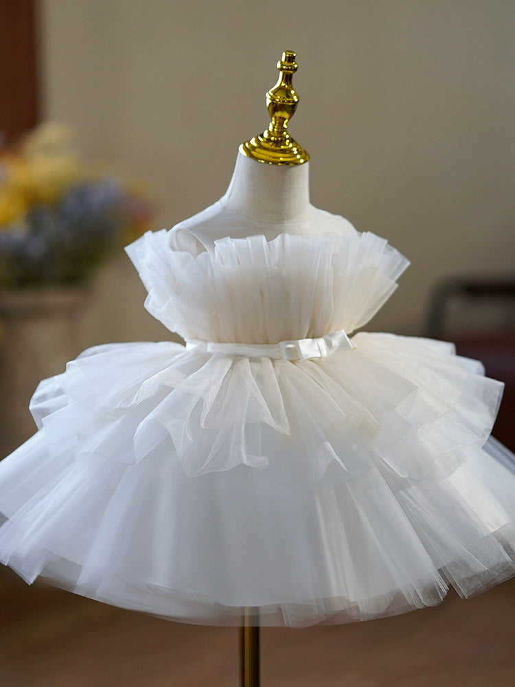 Princess Puffy Off-Shoulder White Tulle Flower Girl Dress | Ball Gown for Weddings & Parties