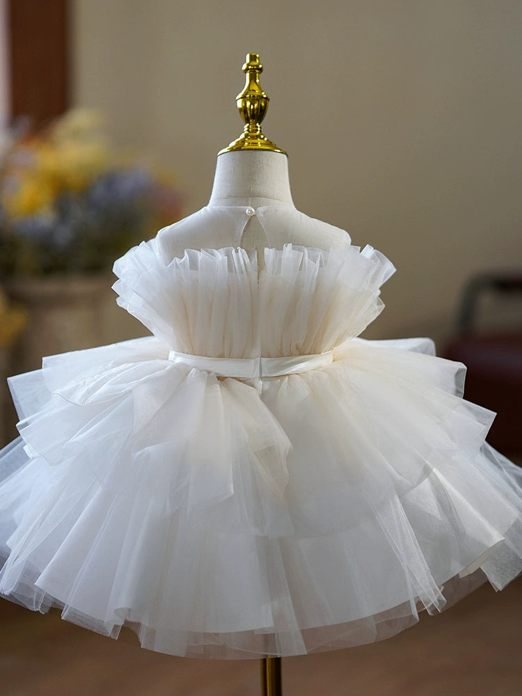 Princess Puffy Off-Shoulder White Tulle Flower Girl Dress | Ball Gown for Weddings & Parties