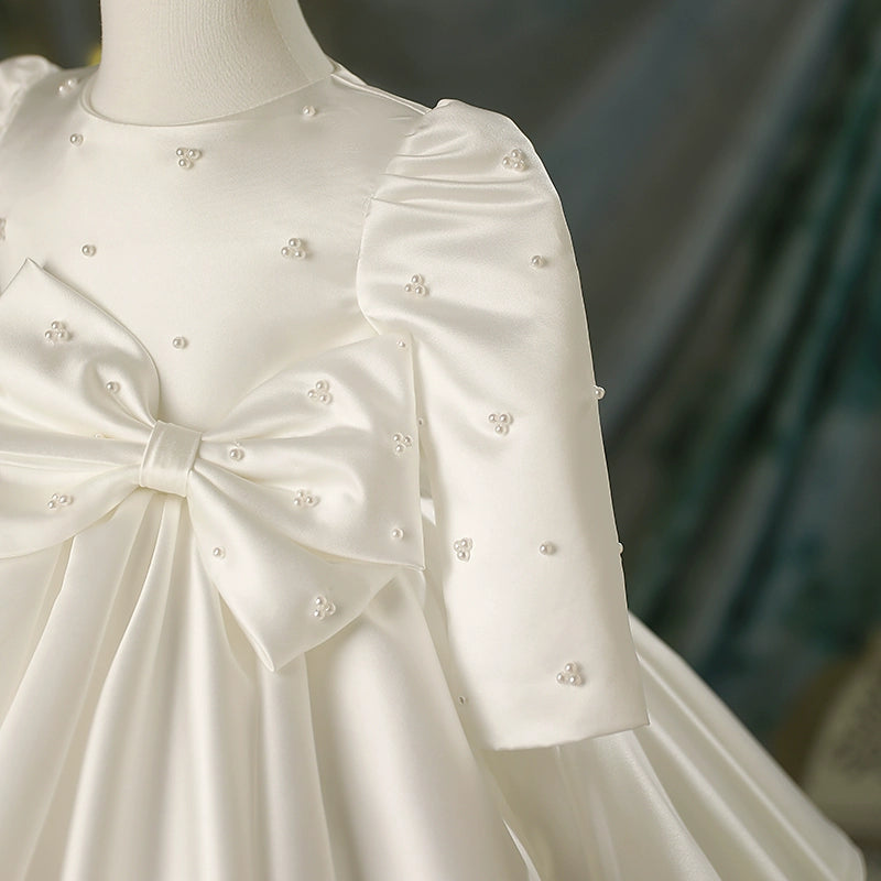 Princess Satin Back Zip Baptism Bow(s) Tea Length Long Sleeve Round Flower Girl Dress