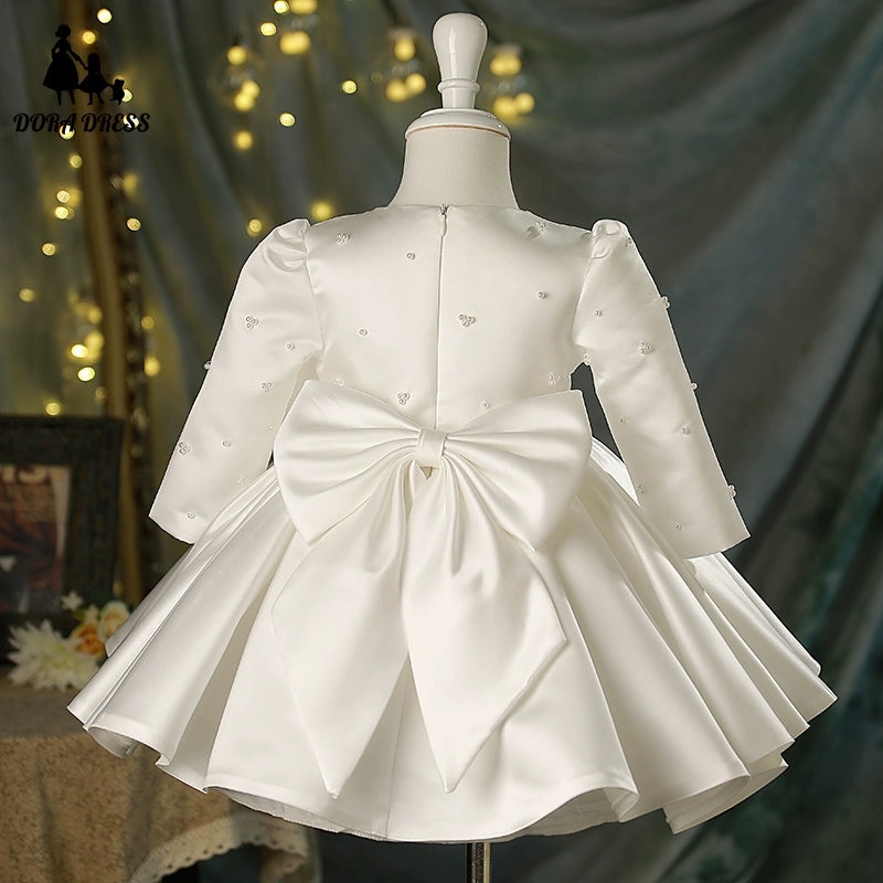 Princess Satin Back Zip Baptism Bow(s) Tea Length Long Sleeve Round Flower Girl Dress