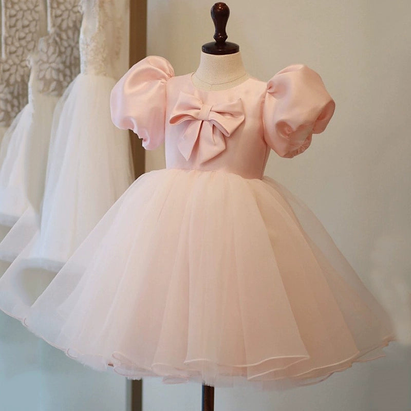Light Pink Princess Ball Gown Tea Length Dress for Girls – Satin, Tulle, Ruffles & Bow