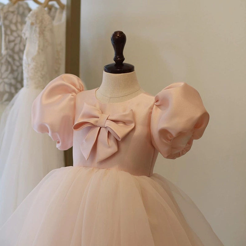 Light Pink Princess Ball Gown Tea Length Dress for Girls – Satin, Tulle, Ruffles & Bow