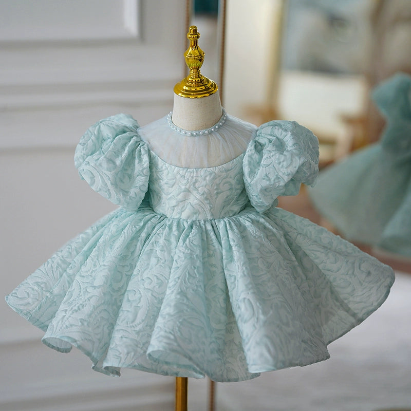 Mint Green Puff Sleeve Flower Girl Dress – Princess Style Ball Gown for Wedding & Parties