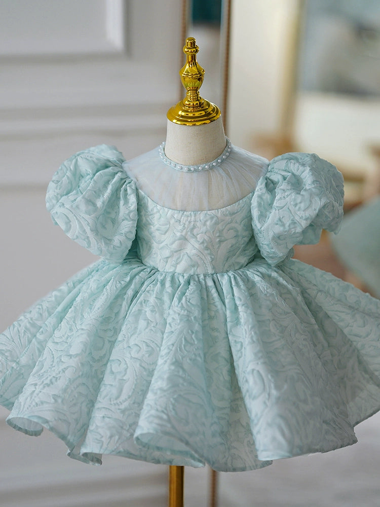 Mint Green Puff Sleeve Flower Girl Dress – Princess Style Ball Gown for Wedding & Parties