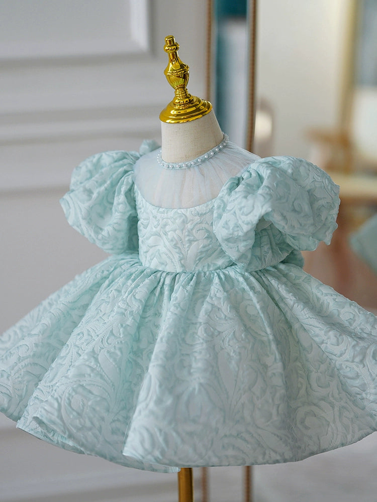 Mint Green Puff Sleeve Flower Girl Dress – Princess Style Ball Gown for Wedding & Parties
