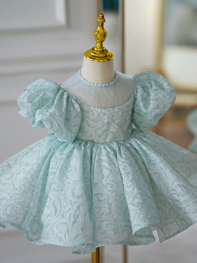 Mint Green Puff Sleeve Flower Girl Dress – Princess Style Ball Gown for Wedding & Parties