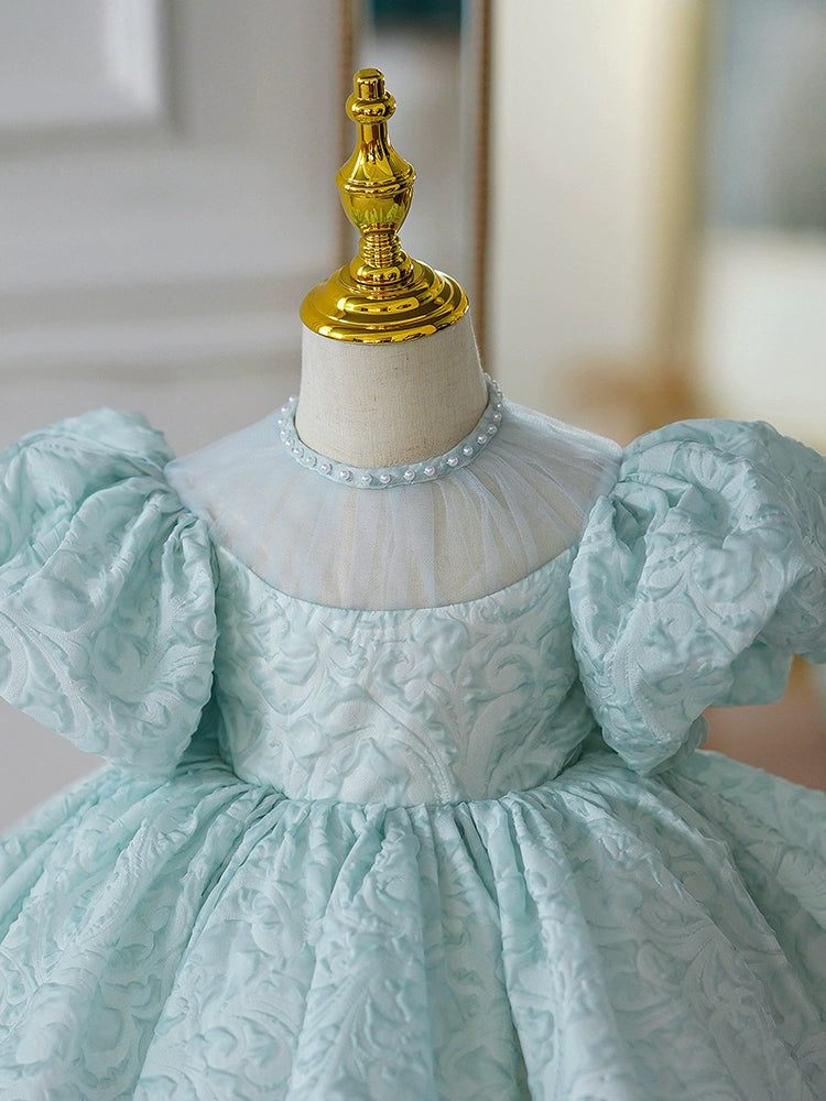 Mint Green Puff Sleeve Flower Girl Dress – Princess Style Ball Gown for Wedding & Parties