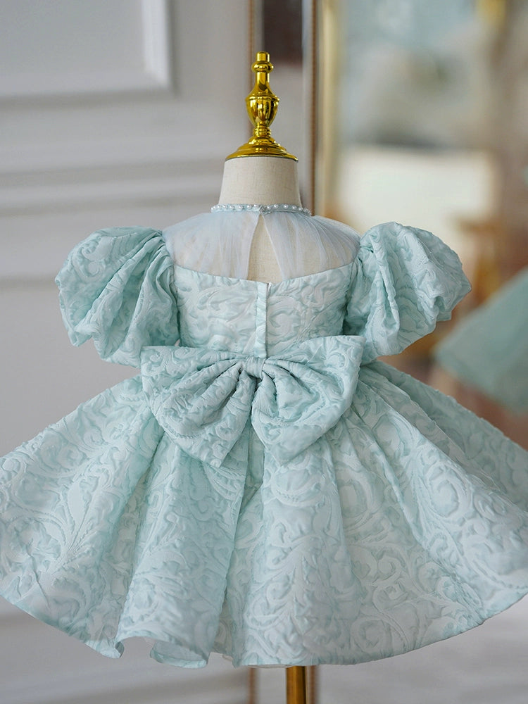 Mint Green Puff Sleeve Flower Girl Dress – Princess Style Ball Gown for Wedding & Parties