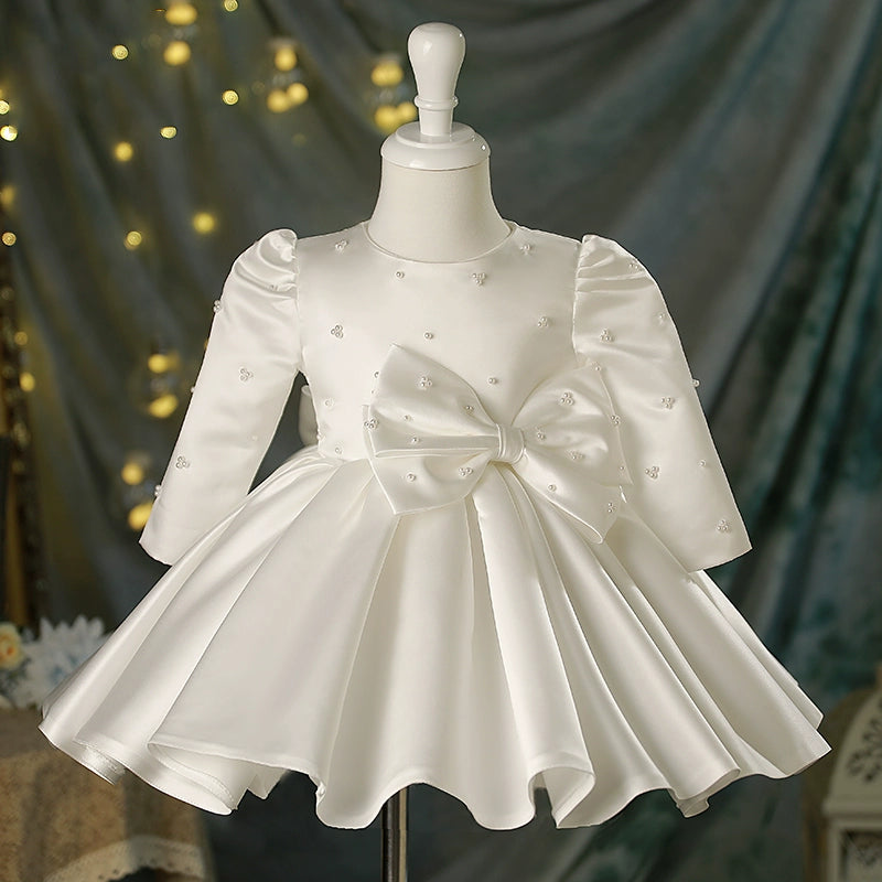 Princess Ball Gown Satin Flower Girl Dress – White Sequined Tea Length