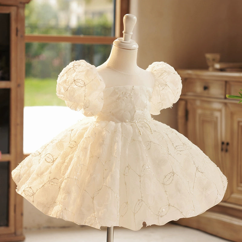 White Princess Ball Gown Flower Girl Dress – Sequined & Beaded Tea Length