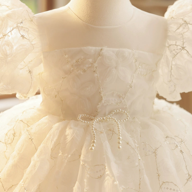 White Princess Ball Gown Flower Girl Dress – Sequined & Beaded Tea Length