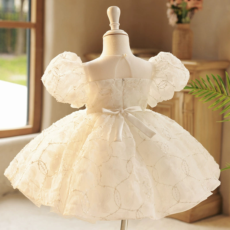 White Princess Ball Gown Flower Girl Dress – Sequined & Beaded Tea Length