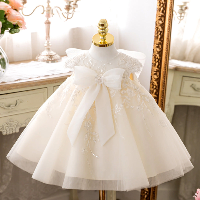 Princess Tea-Length White Flower Girl Dress with Sequins and Bowknot - White / 4-5 Years (120cm)