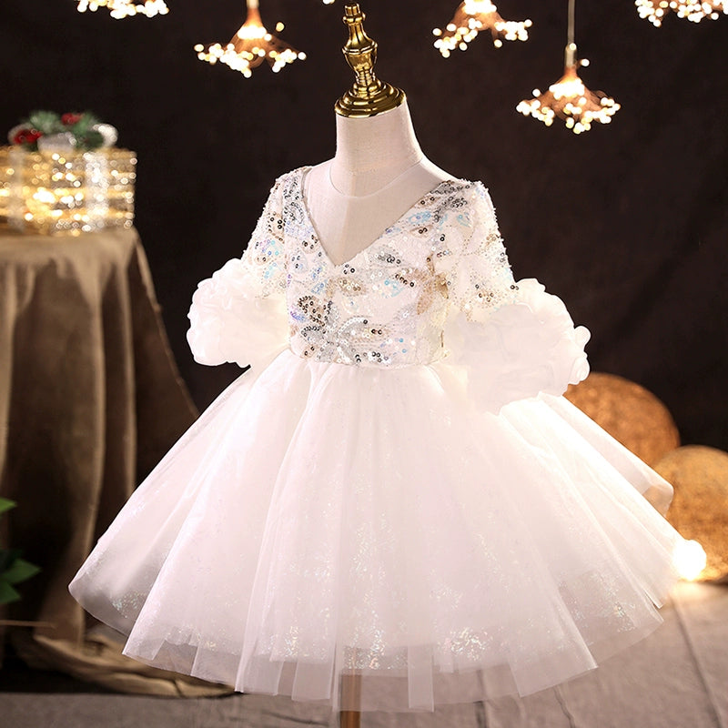 White Princess V-Neck Puffy Flower Girl Dress with Sequins – Ball Gown Style for Weddings & Parties