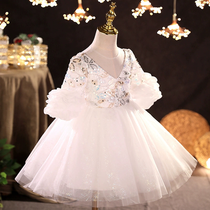 White Princess V-Neck Puffy Flower Girl Dress with Sequins – Ball Gown Style for Weddings & Parties