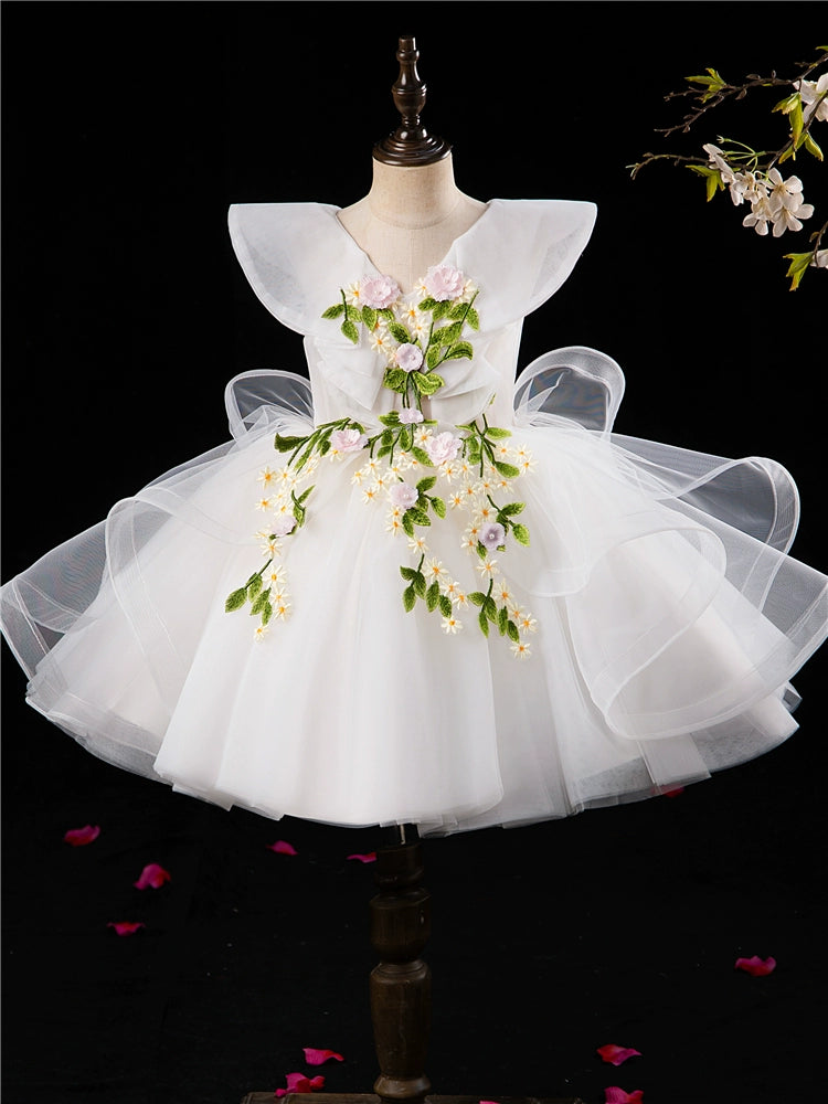 Princess V-Neck Puffy White Tulle Flower Girl Dress – Embroidered Party Gown