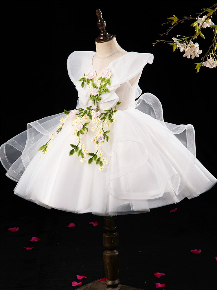 Princess V-Neck Puffy White Tulle Flower Girl Dress – Embroidered Party Gown